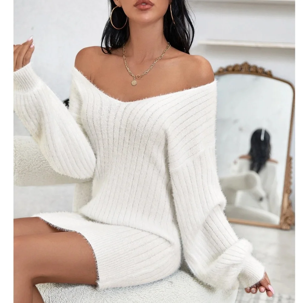 Fuzzy White Sweater Mini Dress Knit Long Lantern Sleeve - Picture 1 of 8